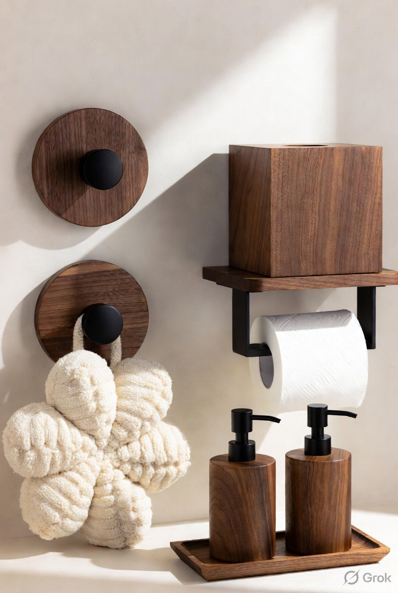 Timber bathroom accessories arranged in a calm bathroom setting