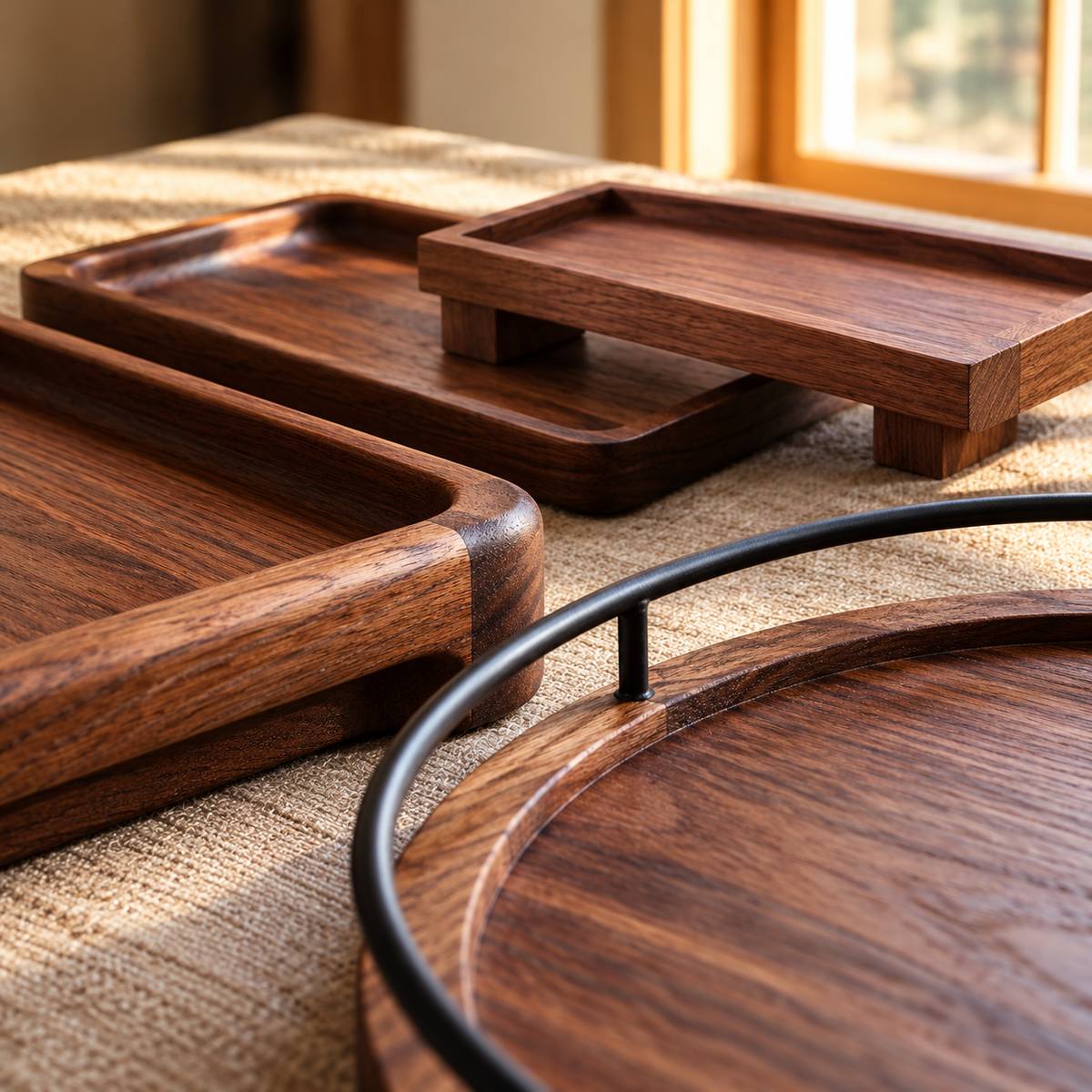 Solid Wood Kitchen Organiser Set with oak serving trays and lazy Susan
