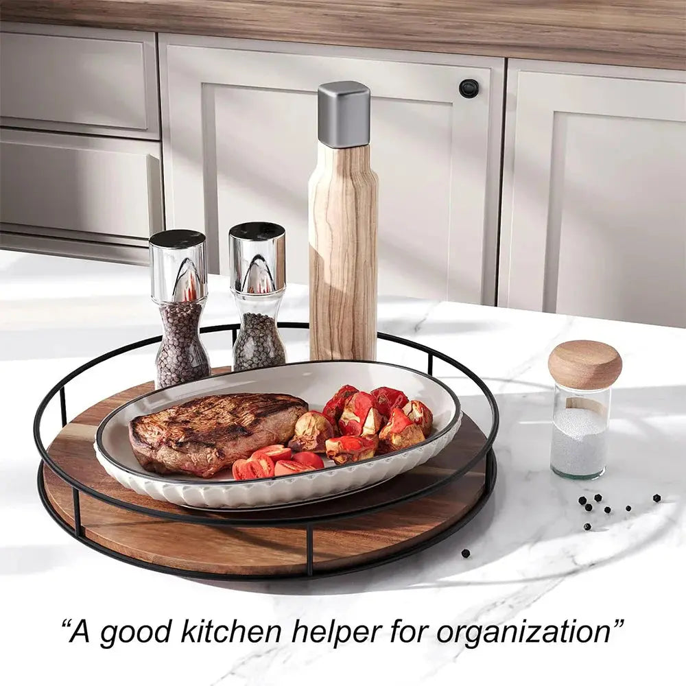The Mill Oak Wood Lazy Susan showcasing a gourmet meal and spices, highlighting its functionality in kitchen organization.