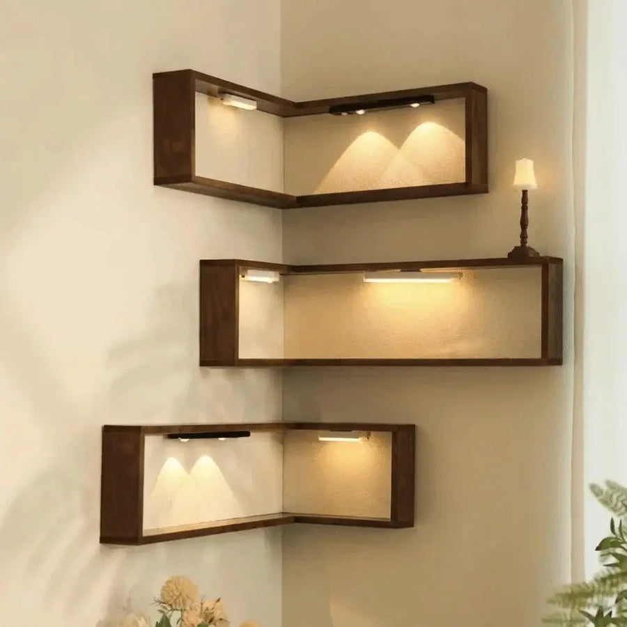 Solid oak corner shelf for a living space