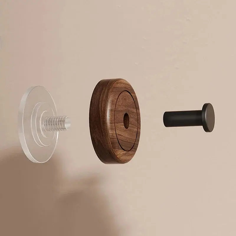 The Hang Walnut Wood Suction Cup Hook components: walnut wood, suction cup, removable hook, minimalist design.