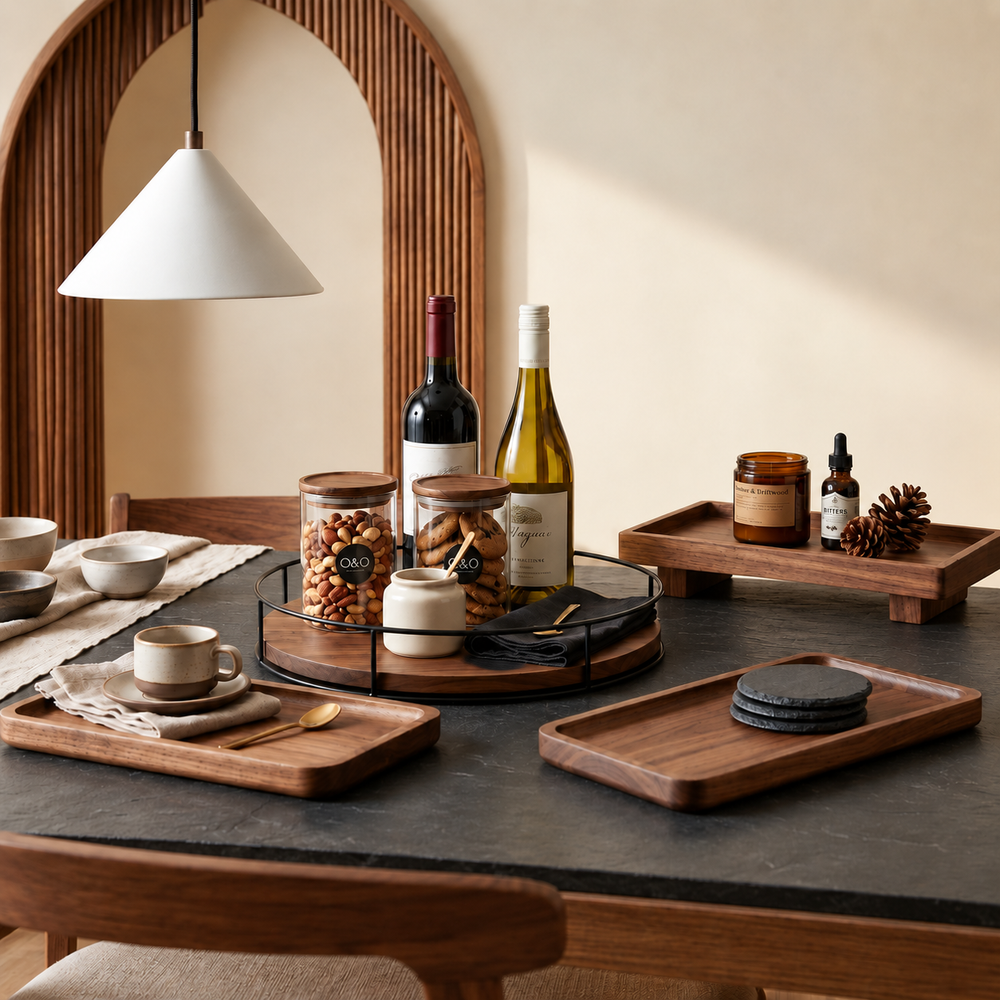 Solid Wood Kitchen Organiser Set with oak serving trays and lazy Susan