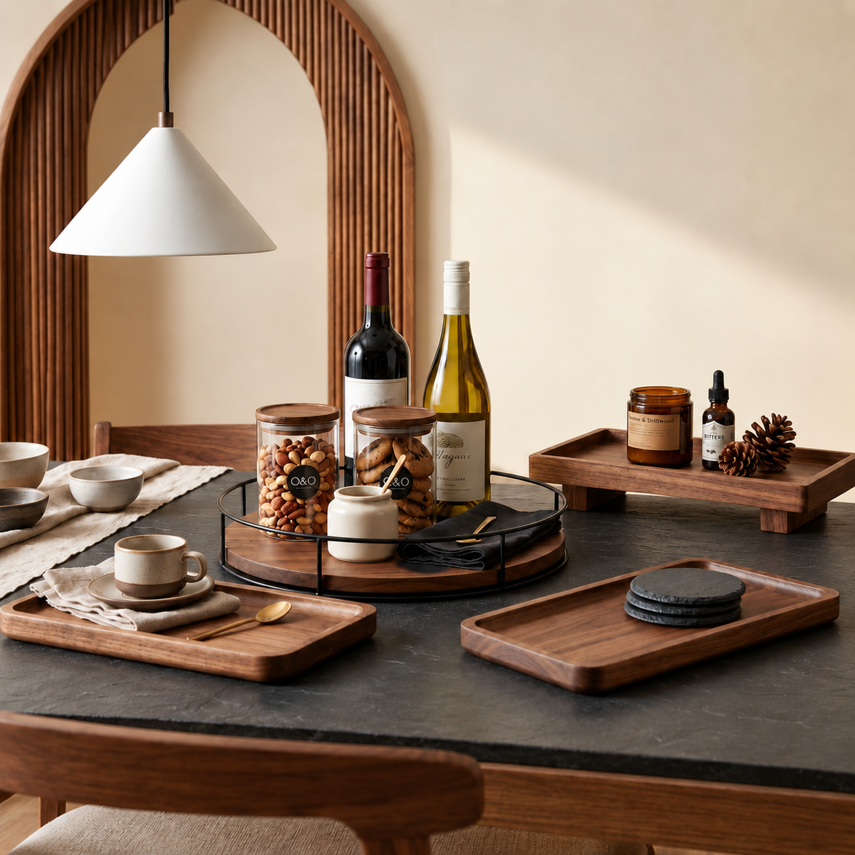 Solid Wood Kitchen Organiser Set with oak serving trays and lazy Susan