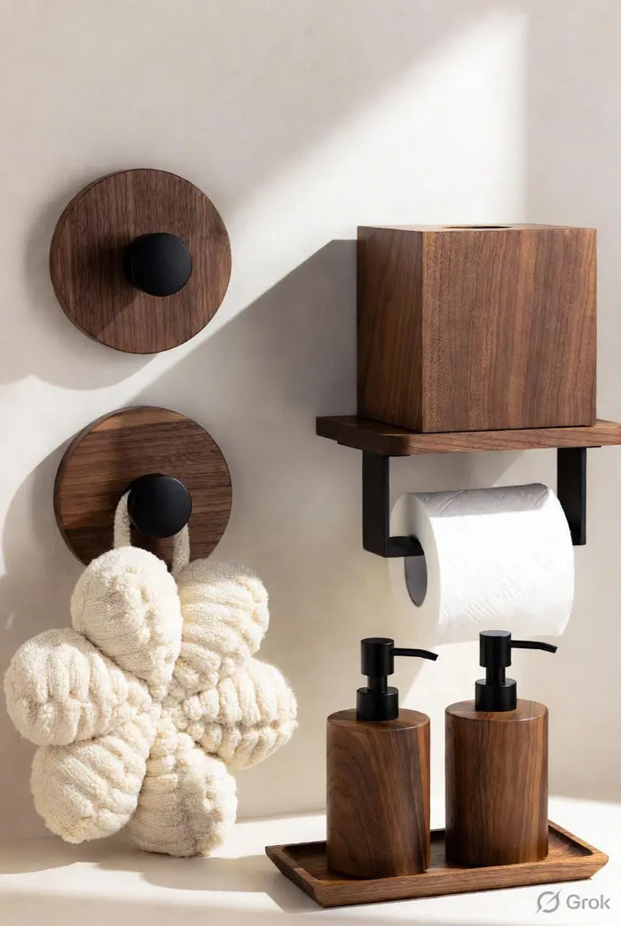 Wooden Bathroom Accessories Bundle by Oak & Origin featuring a soap dispenser, toilet paper holder, and decor.