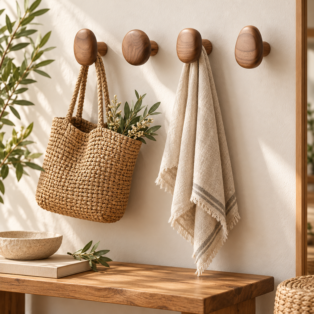 Set of 4 Wooden Wall Hooks | Natural Timber Storage