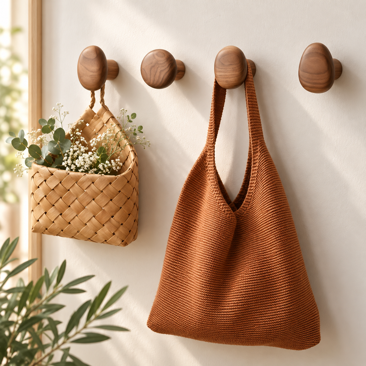 Set of 4 Wooden Wall Hooks | Natural Timber Storage