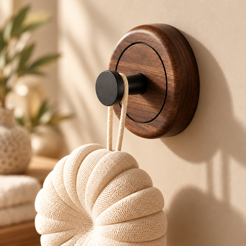 No-Drill Walnut Wall Hook | Suction Cup Storage